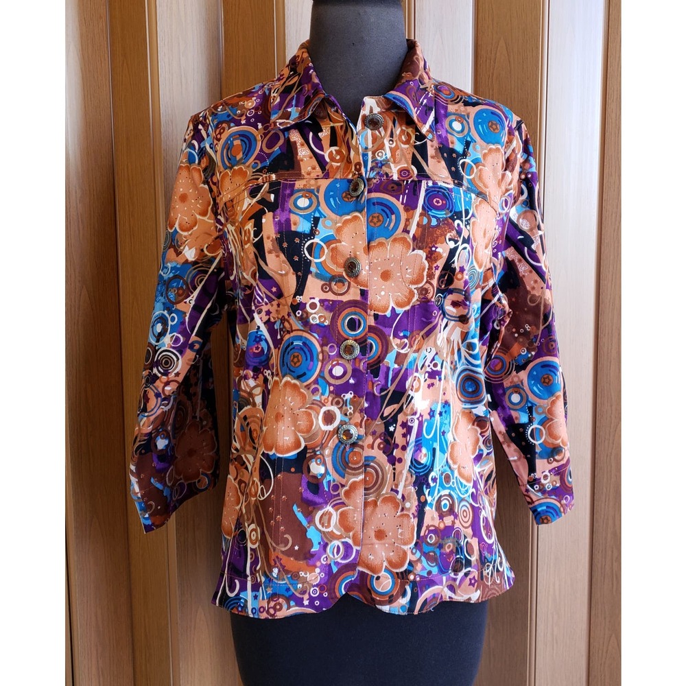 Zuriel size small/ medium button up orange, red & blue jacket
